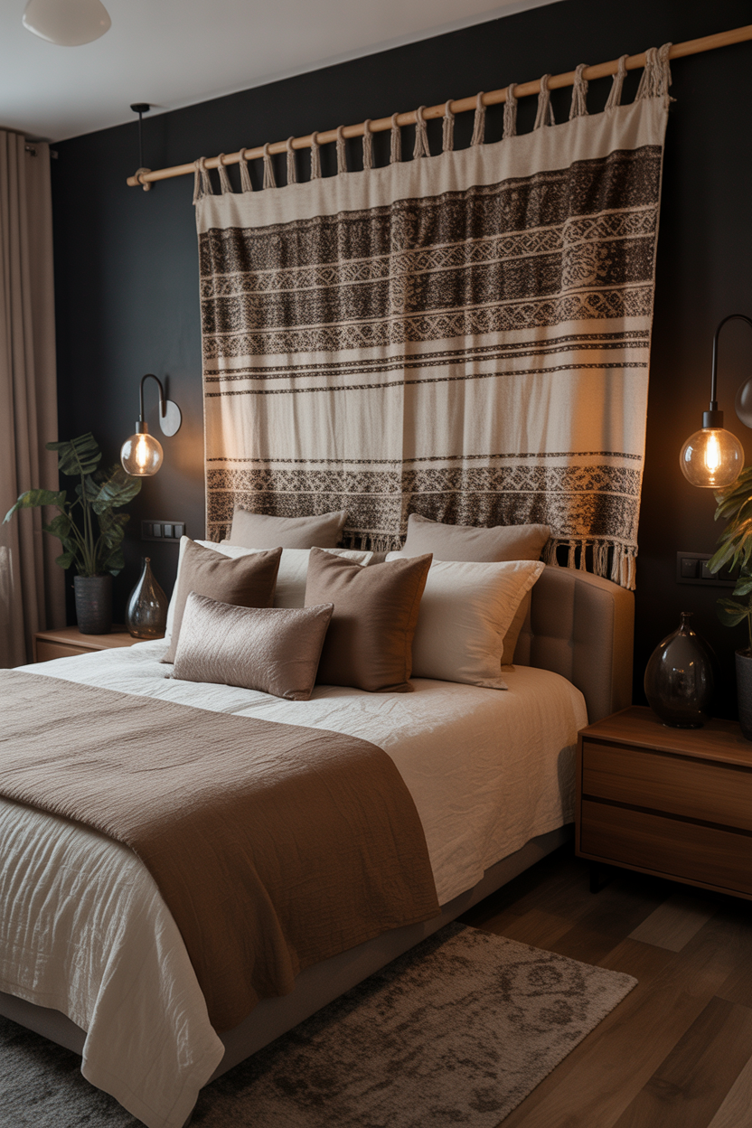 Macramé tapestry used as renter-friendly headboard alternative in small boho bedroom