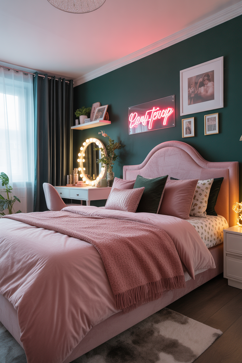 Bright pink and green teen girl bedroom with neon sign, gallery wall, and fairy lights for a fun aesthetic