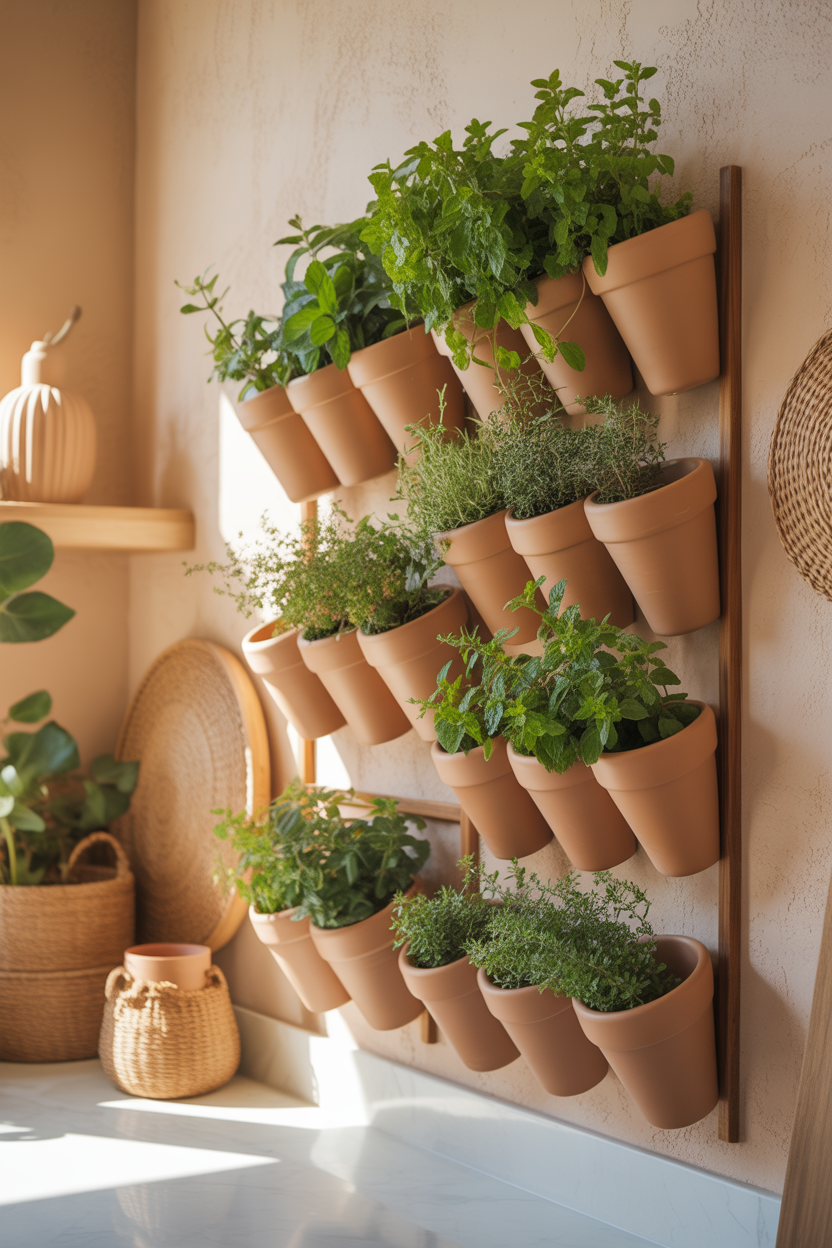 Terracotta pocket wall planters with mint and thyme clustered on a boho kitchen wall