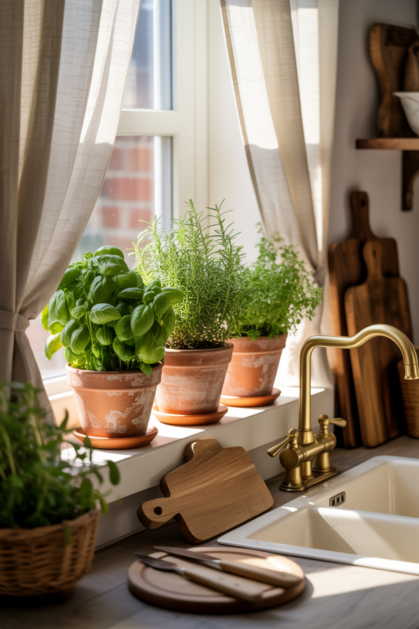 Terracotta herb pots with fresh basil and rosemary on a sunny kitchen windowsil