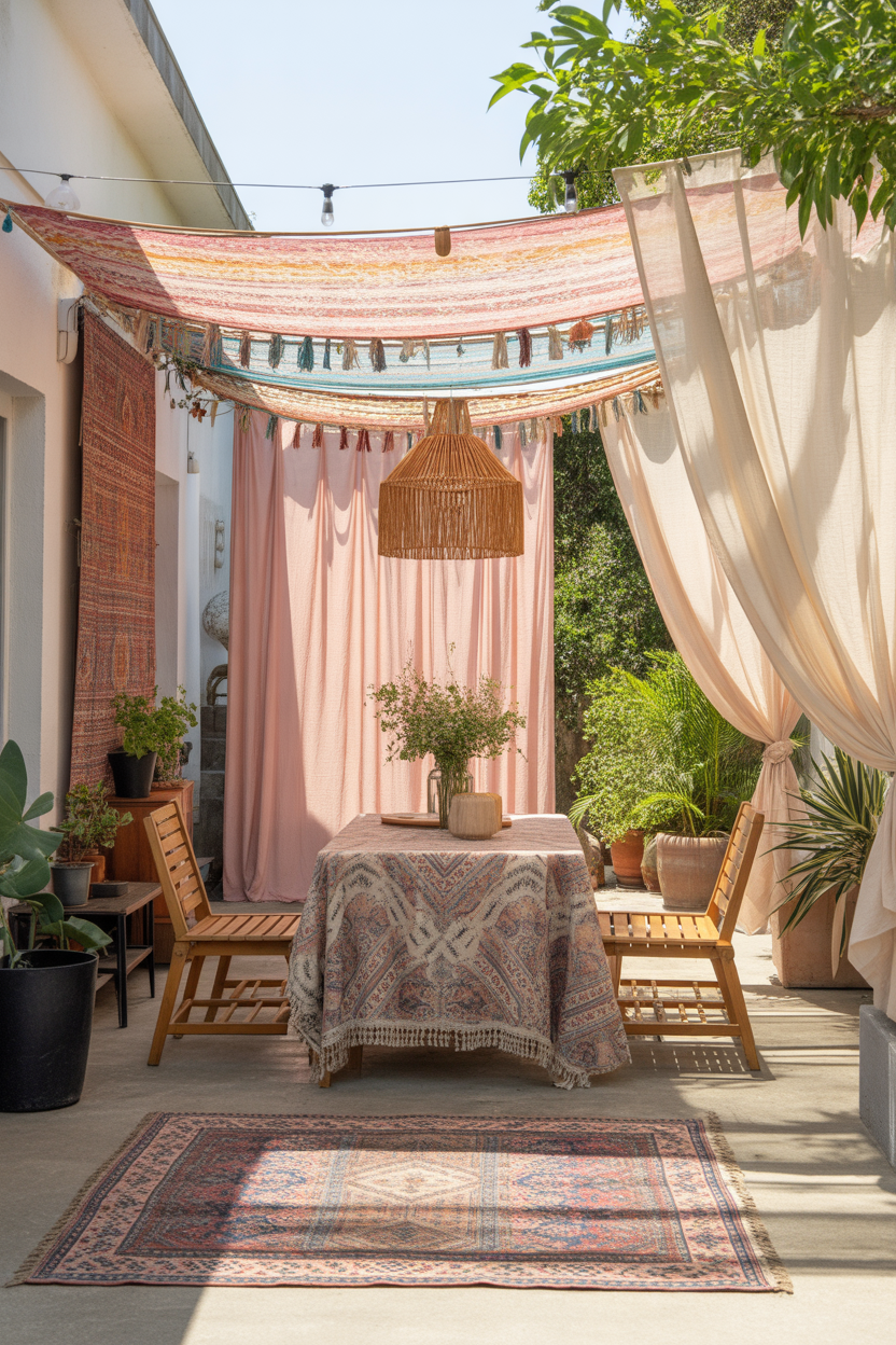 Flowing outdoor curtains and textile banners in a colorful bohemian garden