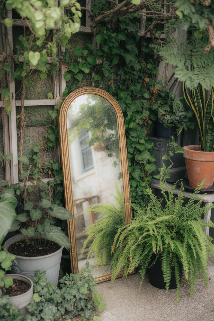 Vintage garden mirror focal point surrounded by climbing plants and ferns in a small backyard