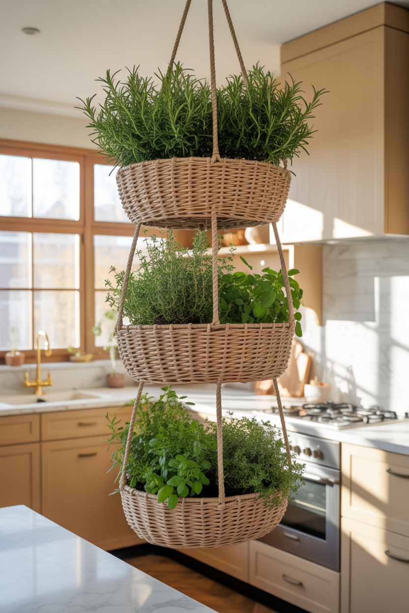 Ceiling-hung tiered basket herb garden in a modern, cozy kitchen