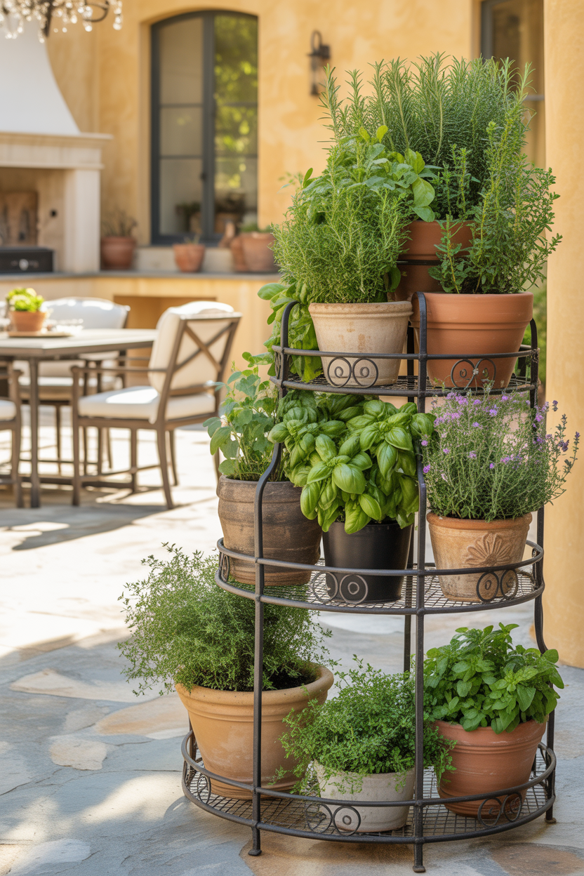 Multi-tiered plant stand on patio with various herb pots arranged at different levels including basil, rosemary, and mint
