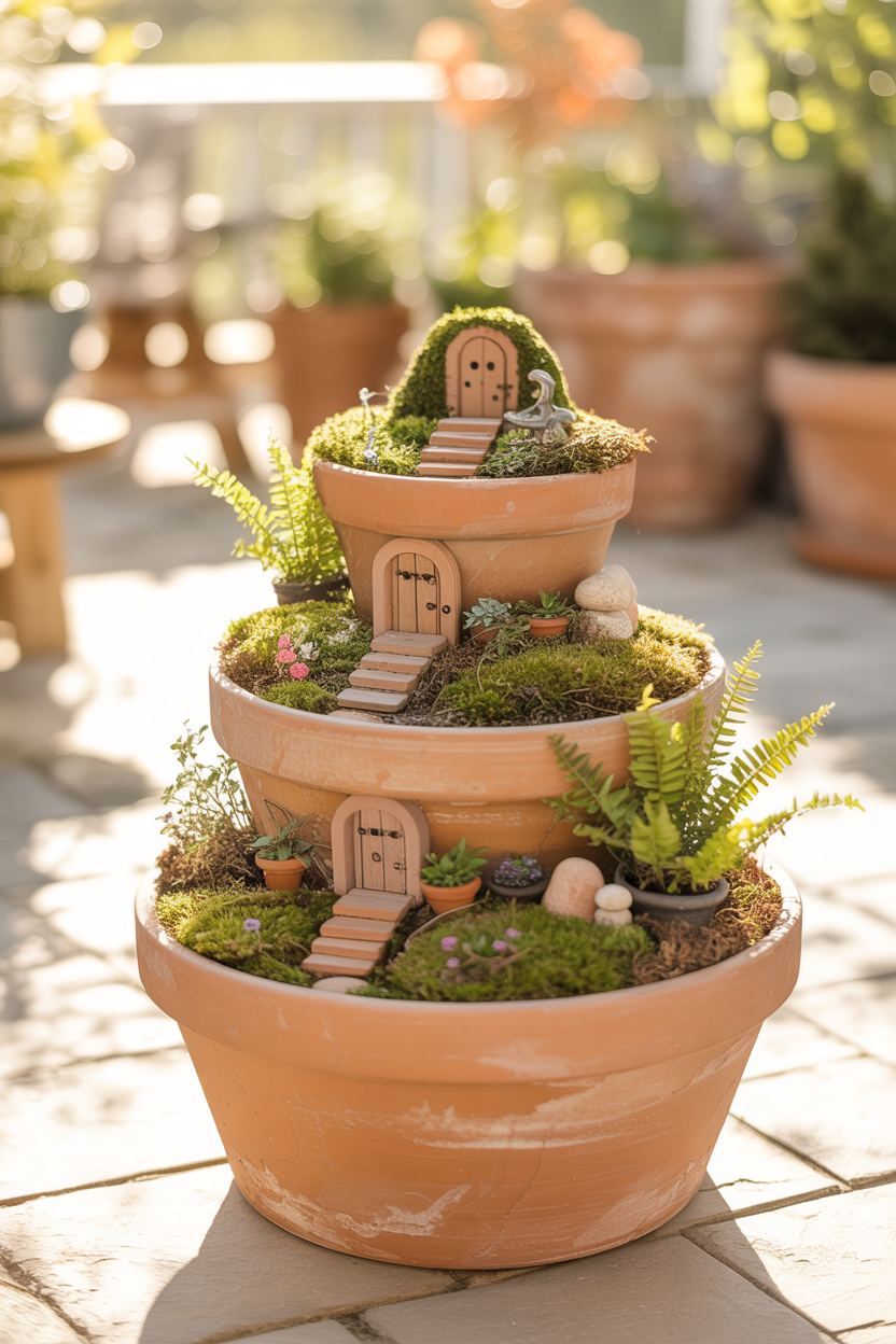 Tiered terracotta pot fairy village with moss and miniature fairy doors on a sunny patio