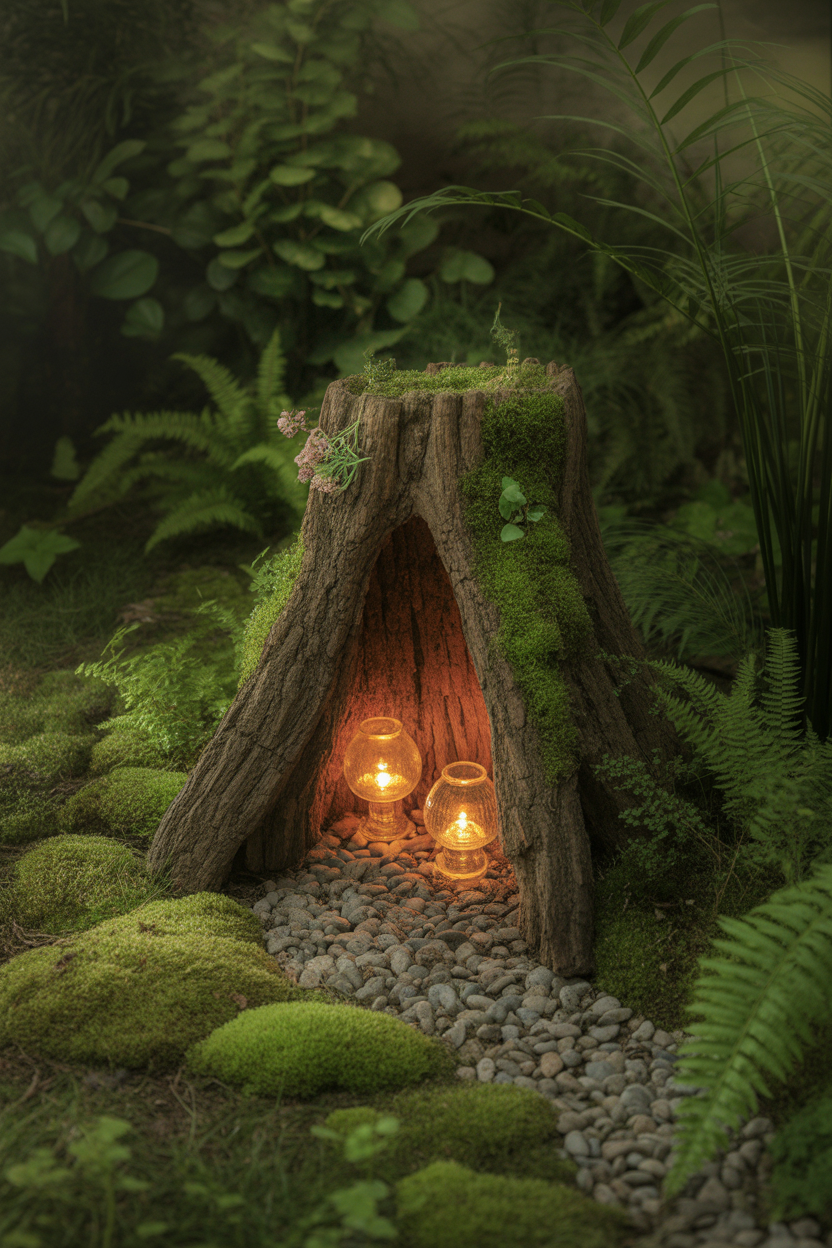 A hollowed tree stump styled as a fairy house with solar lights glowing inside, surrounded by ferns and moss in a woodland garden