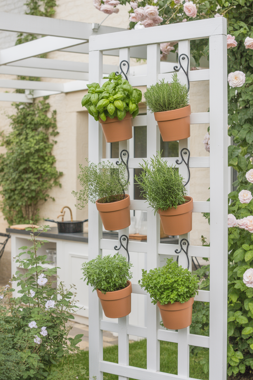 Decorative garden trellis with terracotta herb pots hung from S-hooks, creating a vertical herb wall display
