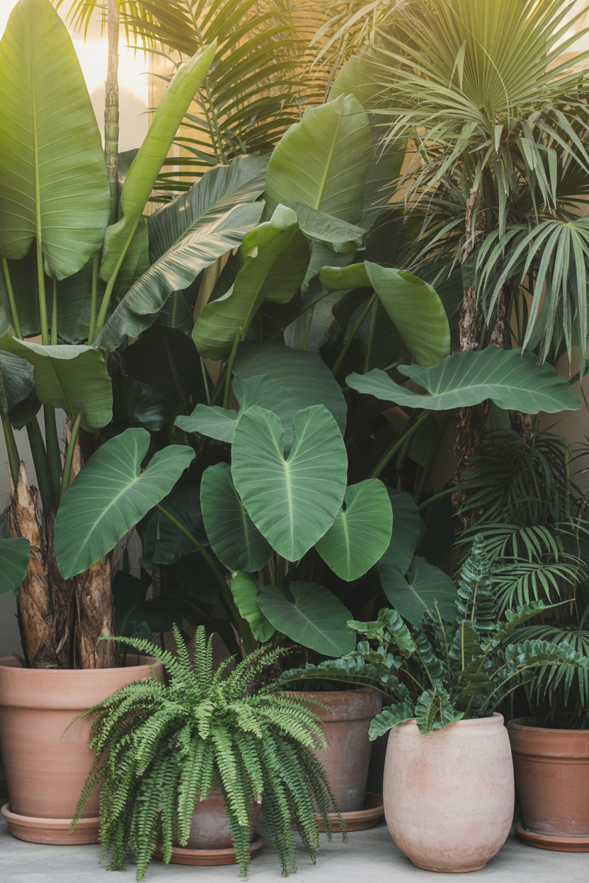 Massive tropical plants creating a lush jungle corner in a bohemian garden