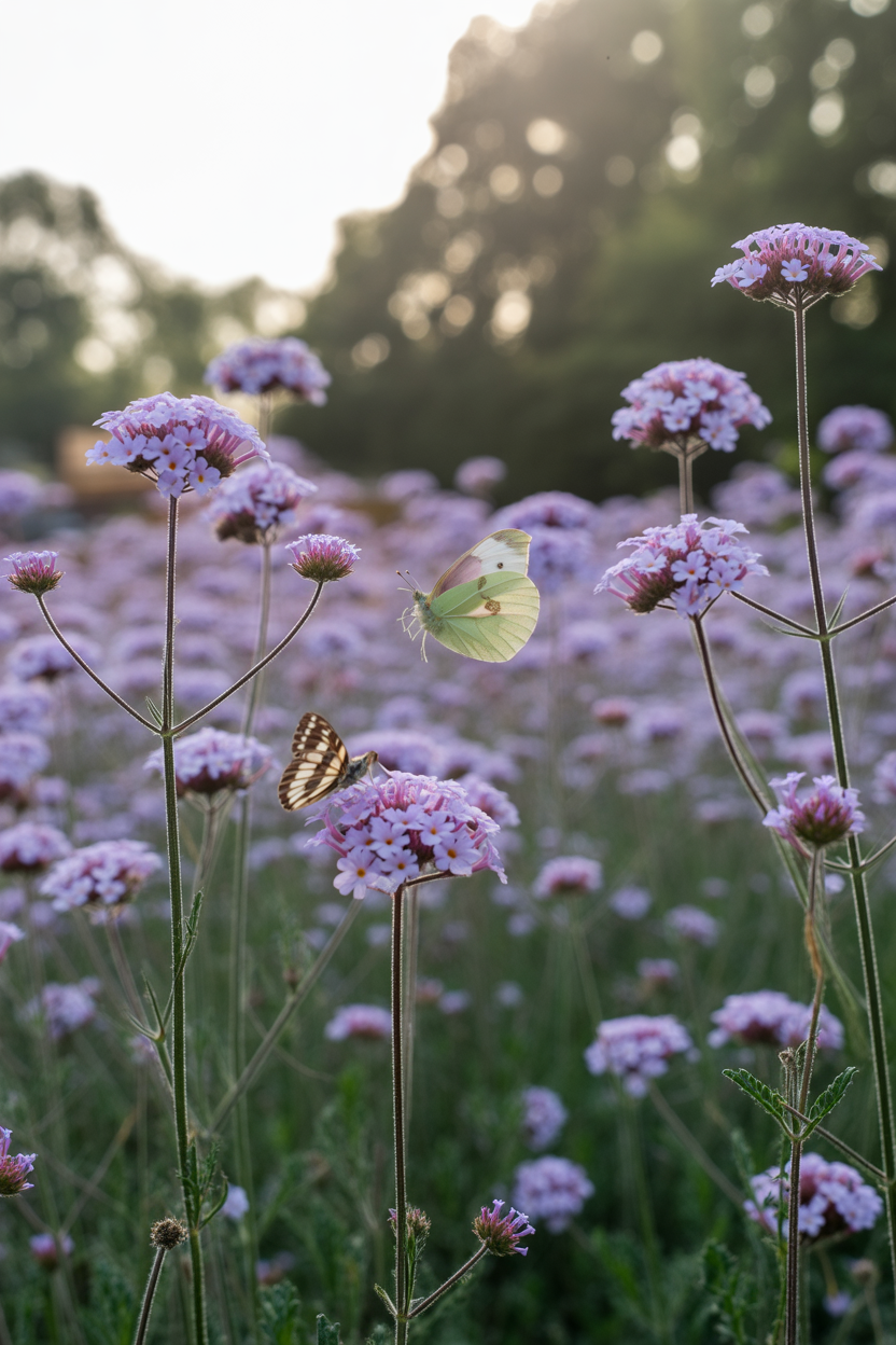 Verbena bonariensis flowers in a natural summer garden, attracting butterflies