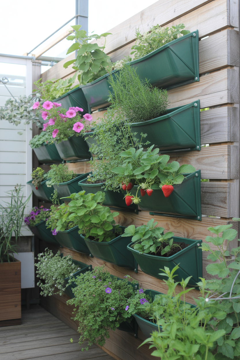 Lush vertical garden wall on a wooden fence with hanging planters and trailing plants