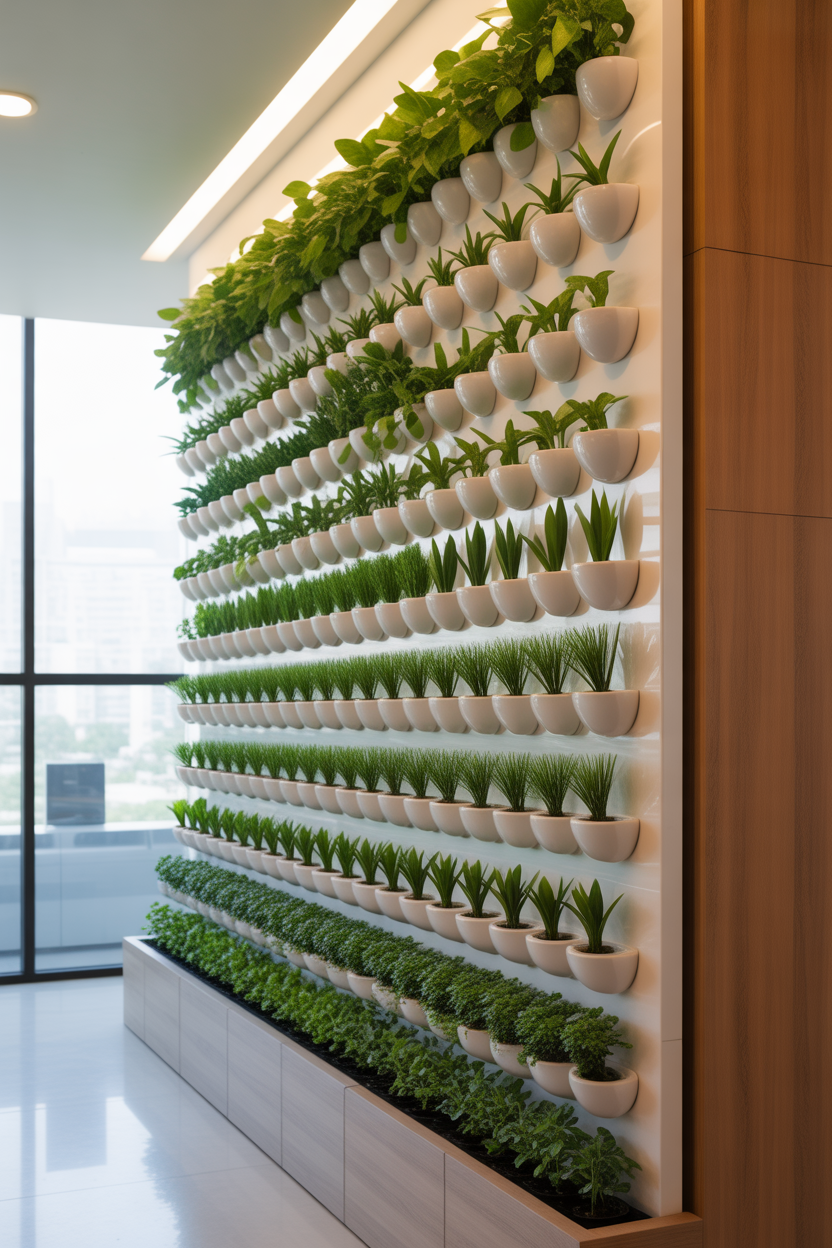 Space-saving vertical hydroponic wall garden with layered green plants