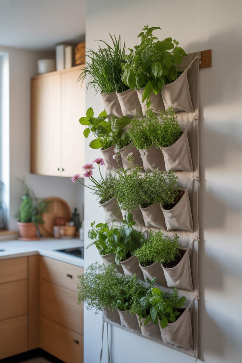 Vertical fabric pocket grow bag herb garden on kitchen wall with fresh herbs and edible flowers