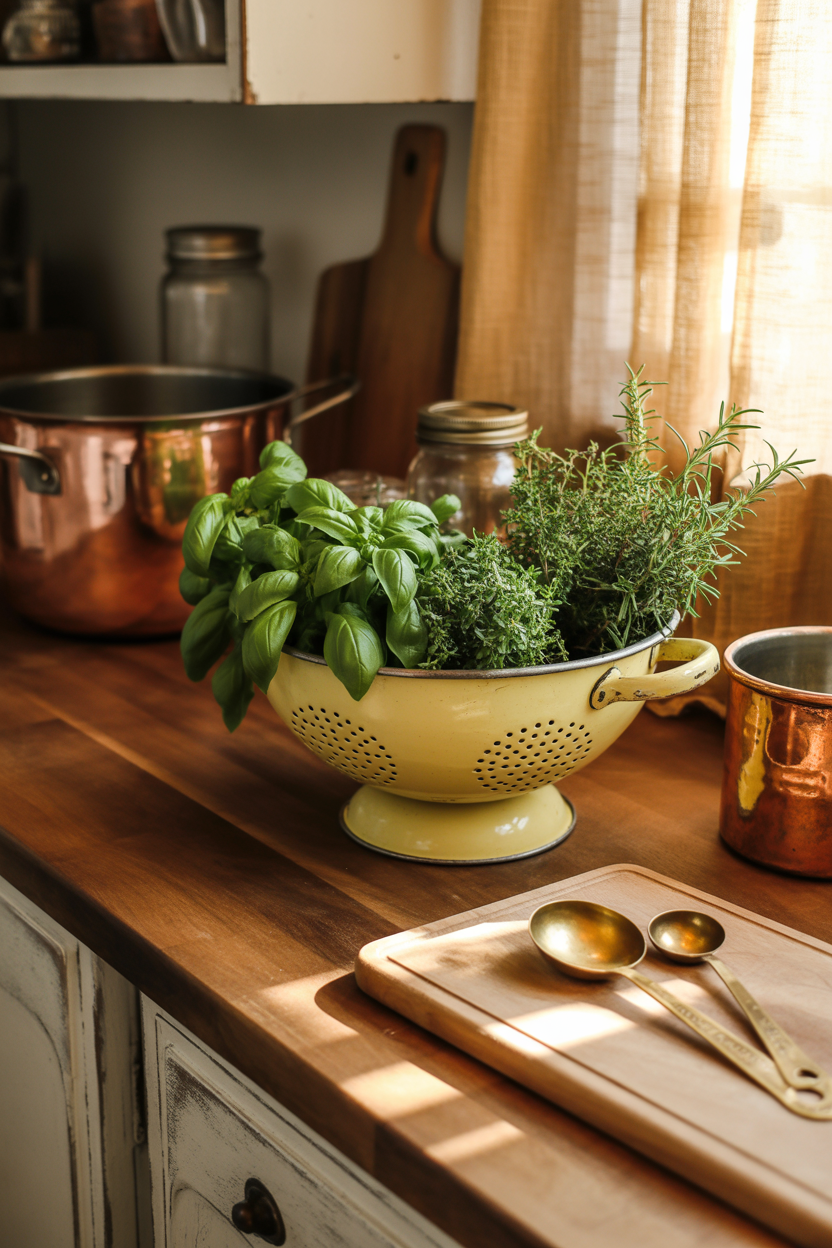 Vintage enamel colander used as an indoor herb planter in a farmhouse kitchen