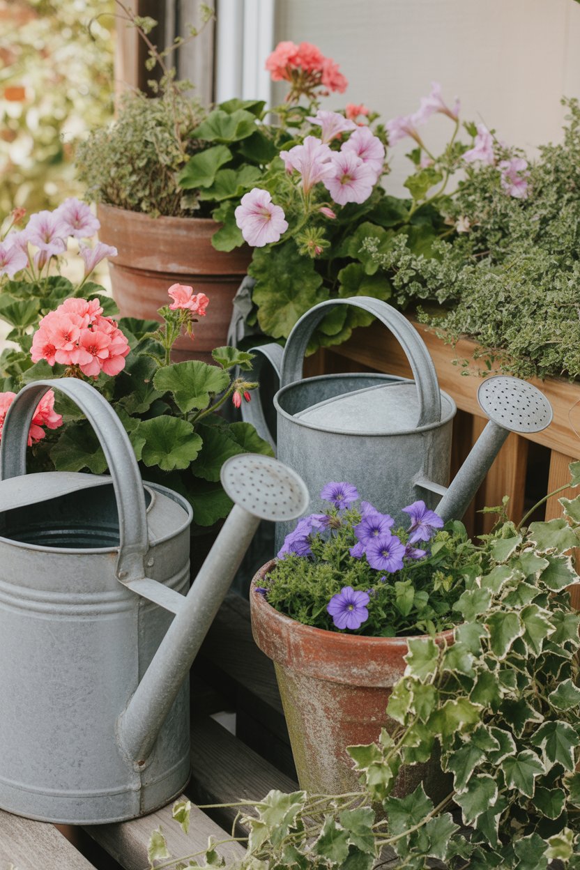 Cottage garden border with vintage containers, including galvanized watering cans and terracotta pots among flowers