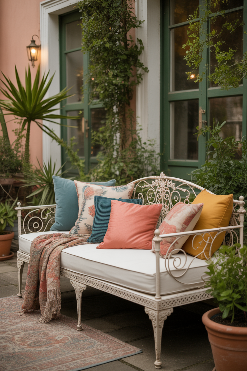 Vintage outdoor daybed with colorful pillows in a bohemian garden lounge area