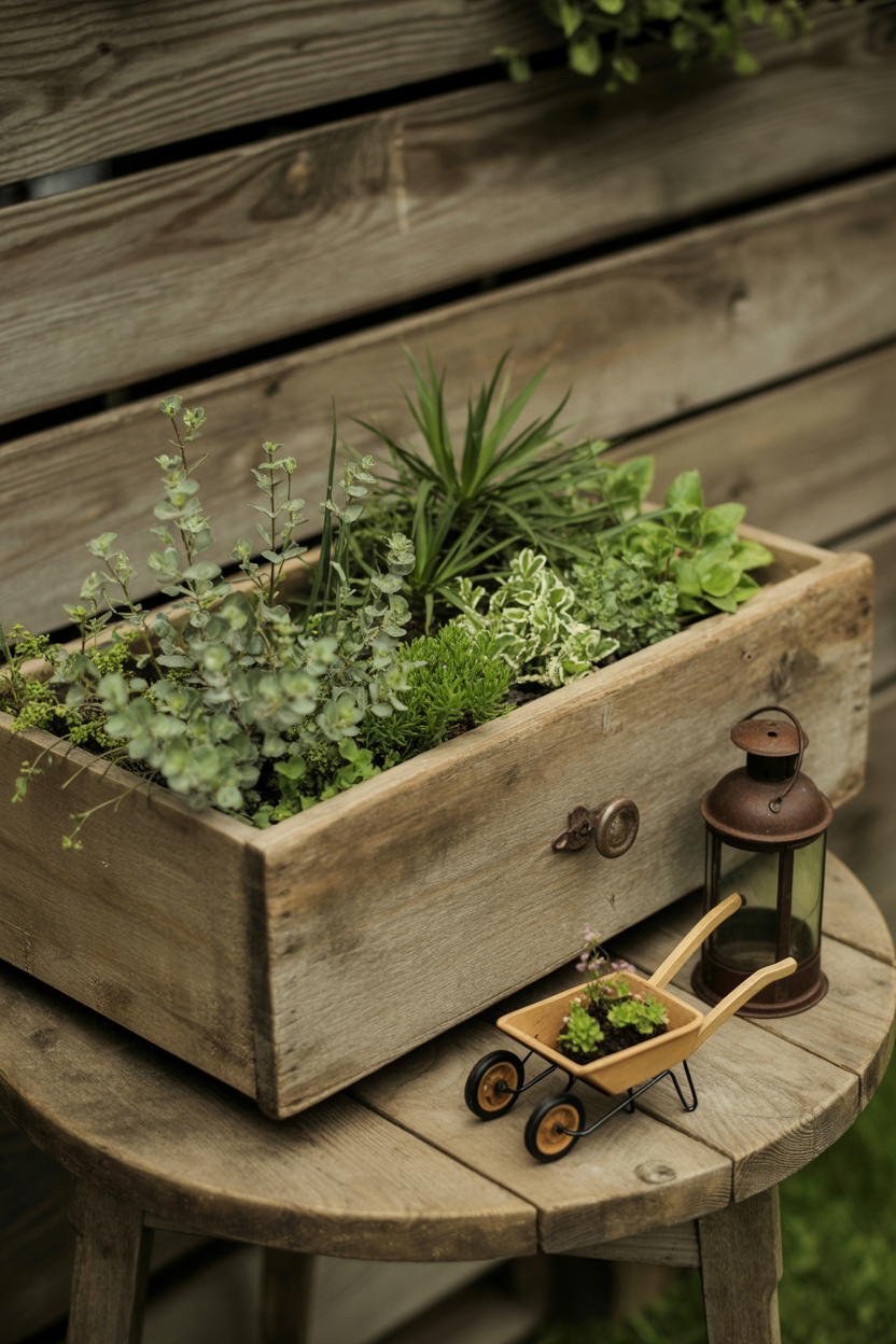 Upcycled vintage drawer turned into rustic fairy garden with aged wood and plants