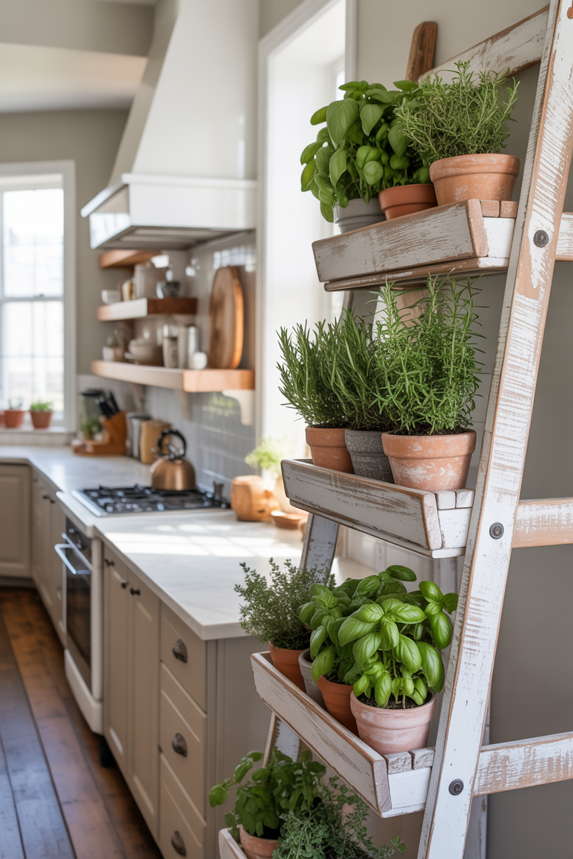 Repurposed wooden ladder used as an indoor herb garden stand with potted herbs on each rung