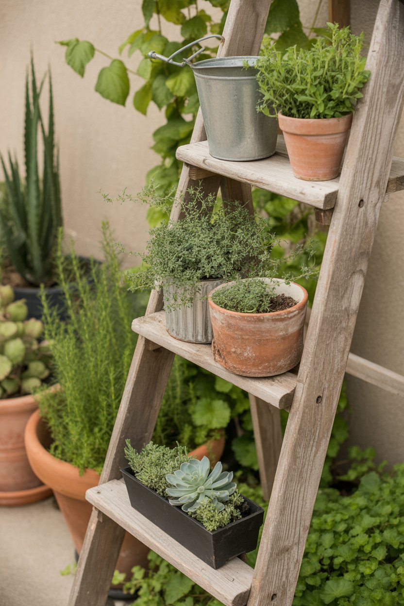 Vintage wooden ladder used as a plant stand with terracotta pots in a summer garden