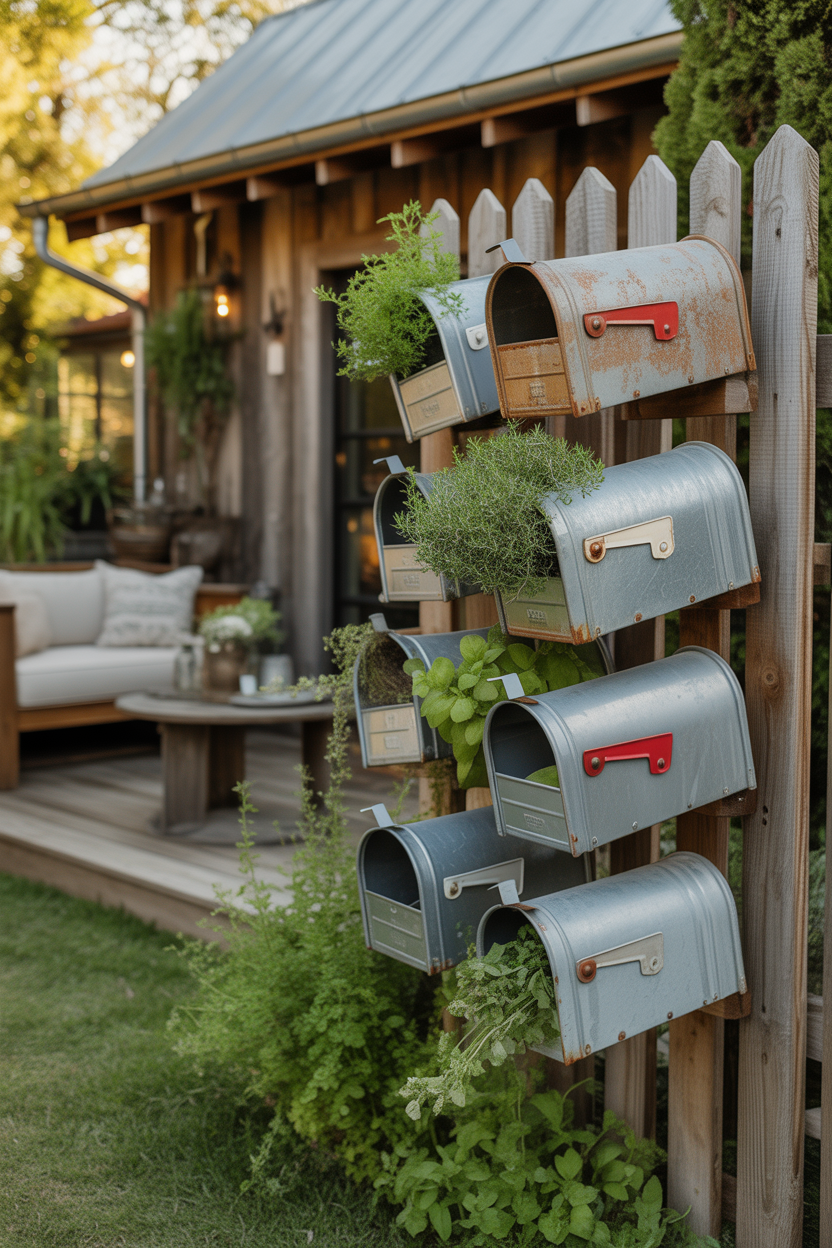 Repurposed vintage metal mailboxes mounted as vertical herb planters on wooden fence with herbs growing inside