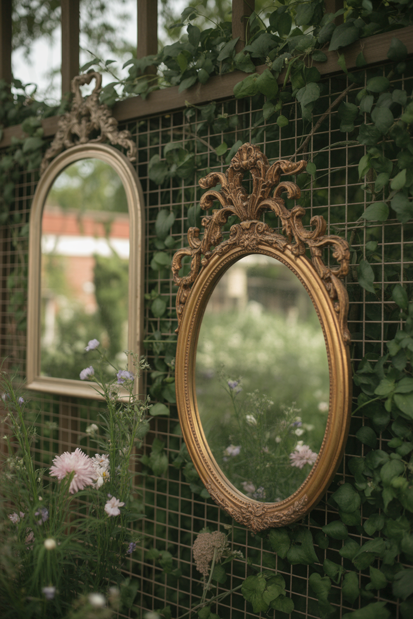Vintage mirrors on the garden fence reflecting plants to expand the bohemian garden