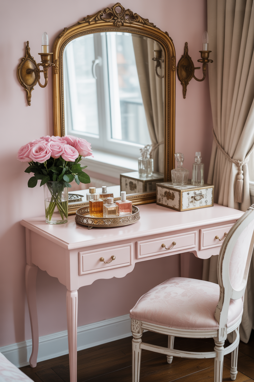 Vintage pink vanity corner in tight bedroom space with ornate mirror