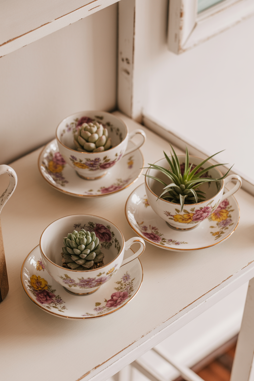 Collection of three vintage teacup fairy gardens with air plants and miniature décor on a white shelf