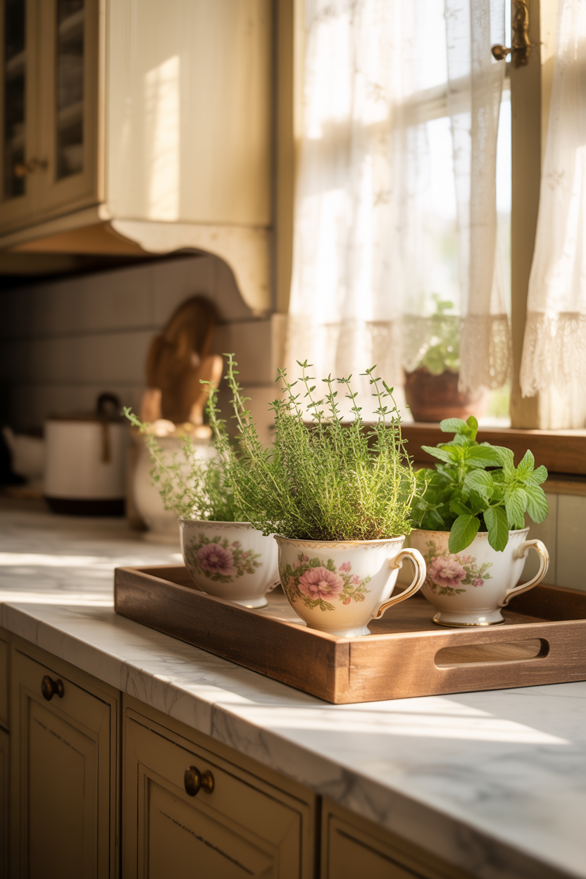 Vintage teacup herb garden with thyme and mint in a cozy kitchen