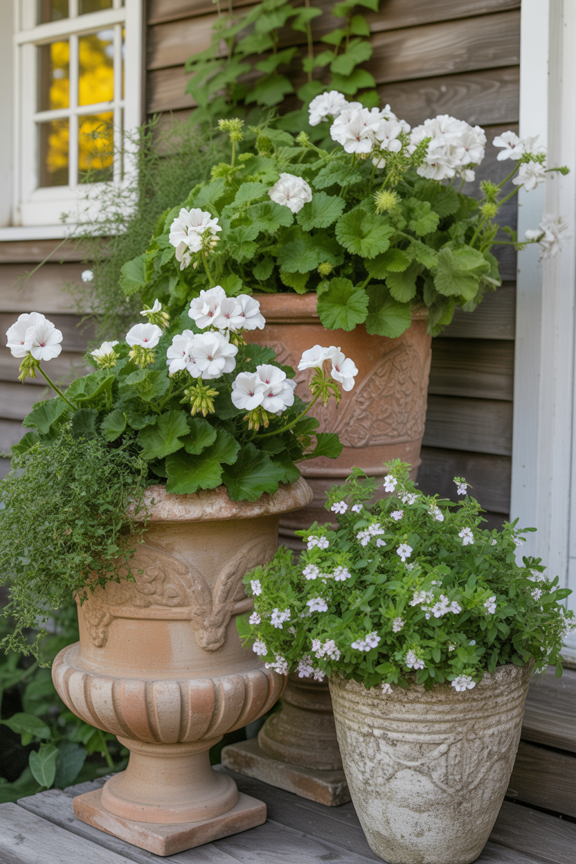 vintage-urns-white-blooms-cottage-porch
