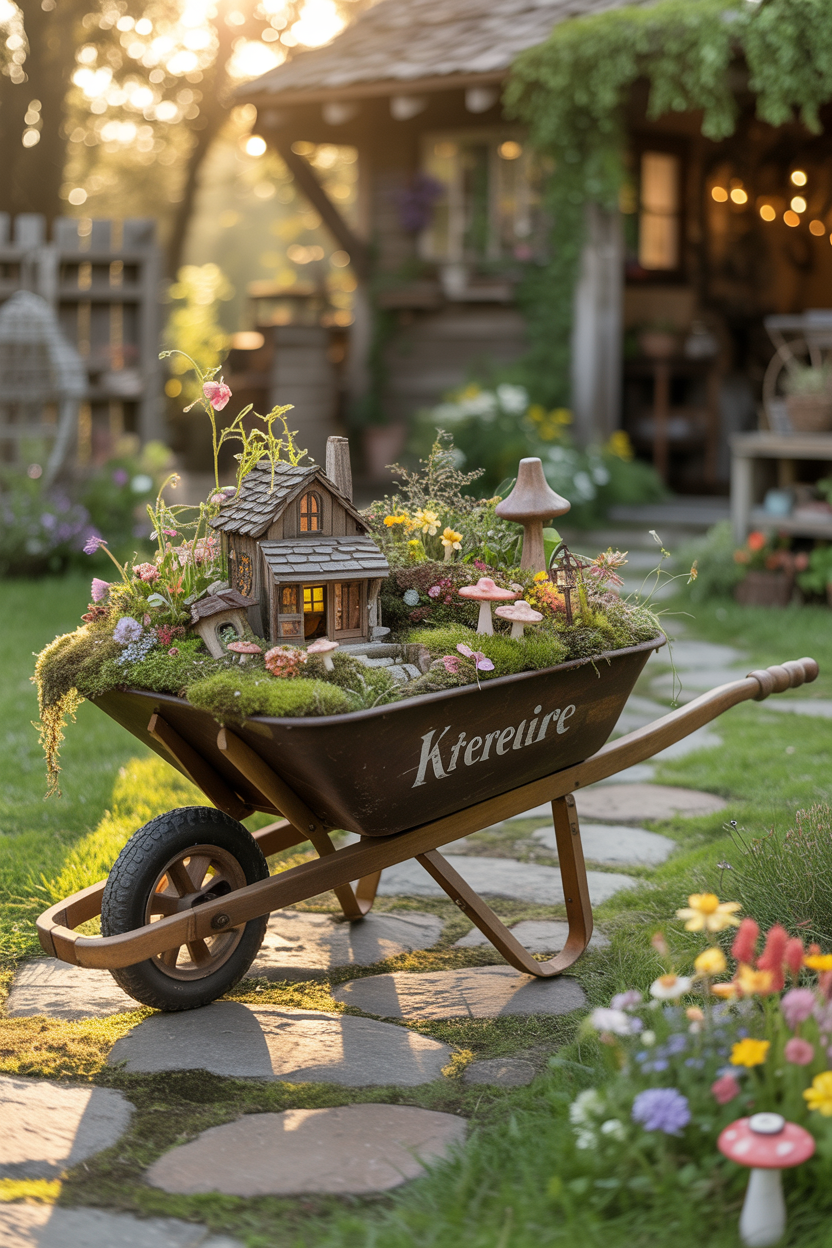 Vintage wheelbarrow fairy garden overflowing with trailing flowers and a fairy figurine on a sunny patio