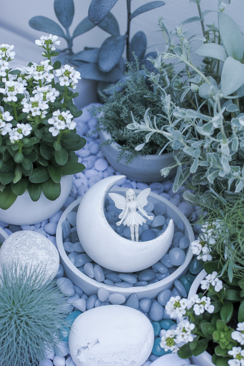 Moonlight-themed fairy garden in silver and white with blue glass pebbles on outdoor patio