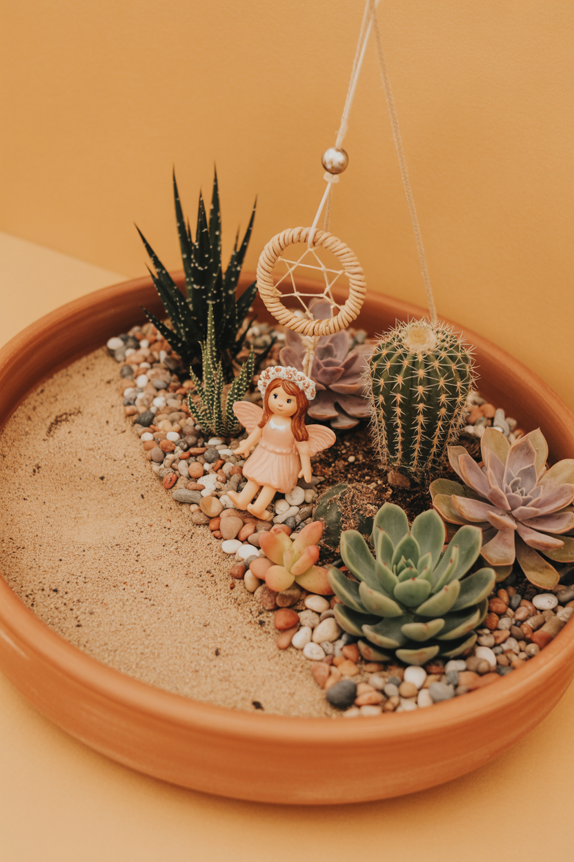 Desert boho succulent fairy garden with dreamcatcher and cacti in a terracotta dish on an outdoor patio