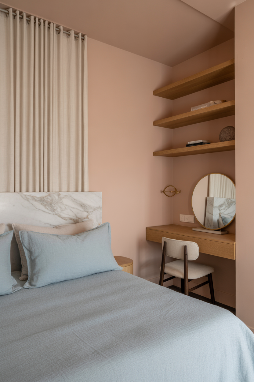 Warm blush pink bedroom walls with powder blue bedding and sheer curtains — dreamy pink and blue bedroom color palette