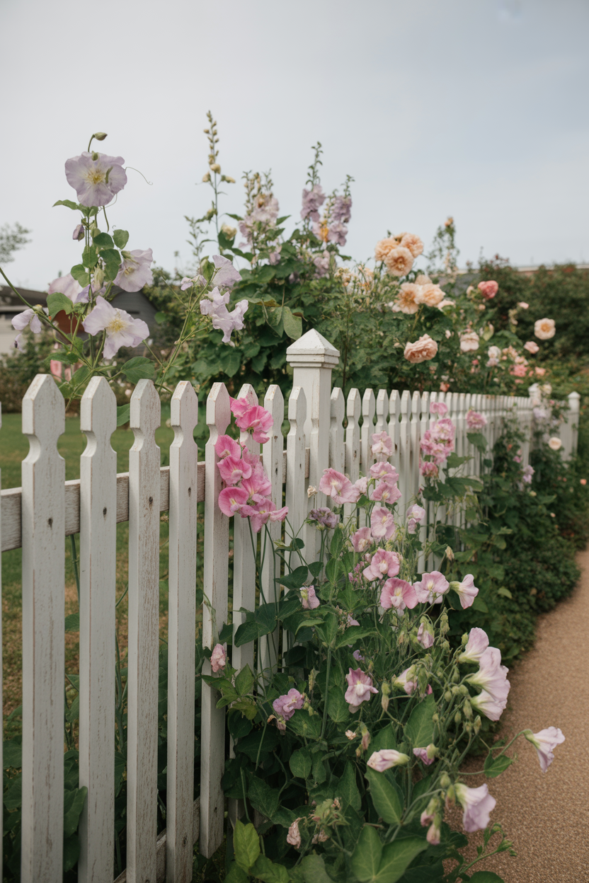 Weathered white picket fence with sweet peas and clematis in an English cottage garden setting