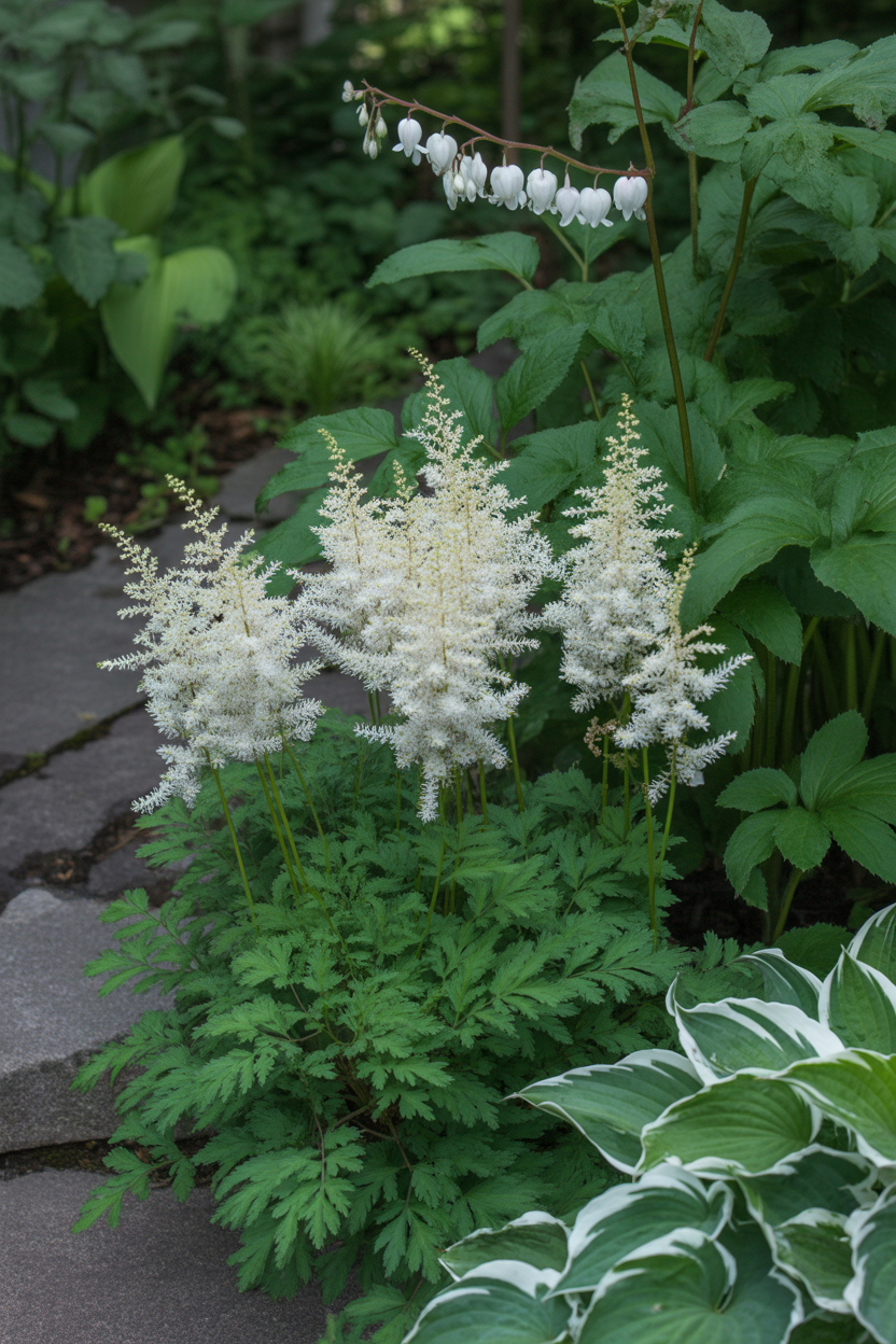 White astilbe and bleeding heart growing in a shaded cottage garden corner with hostas