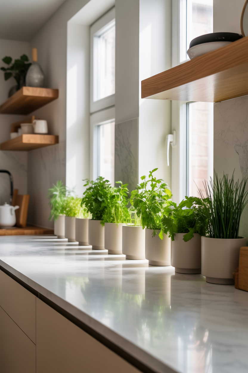 White ceramic herb pots are lined on a modern kitchen windowsill with fresh green herbs