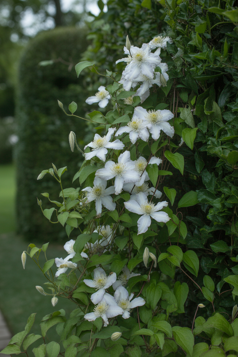 White clematis variety climbing through a dark green hedge in an effortless cottage garden design