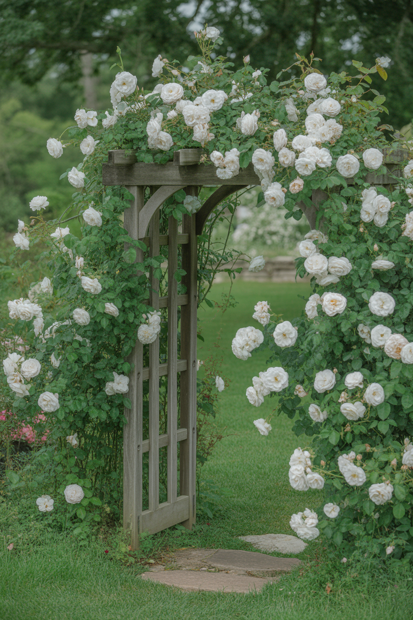 White climbing roses cascading over a rustic wooden arch in a romantic cottage garden setting