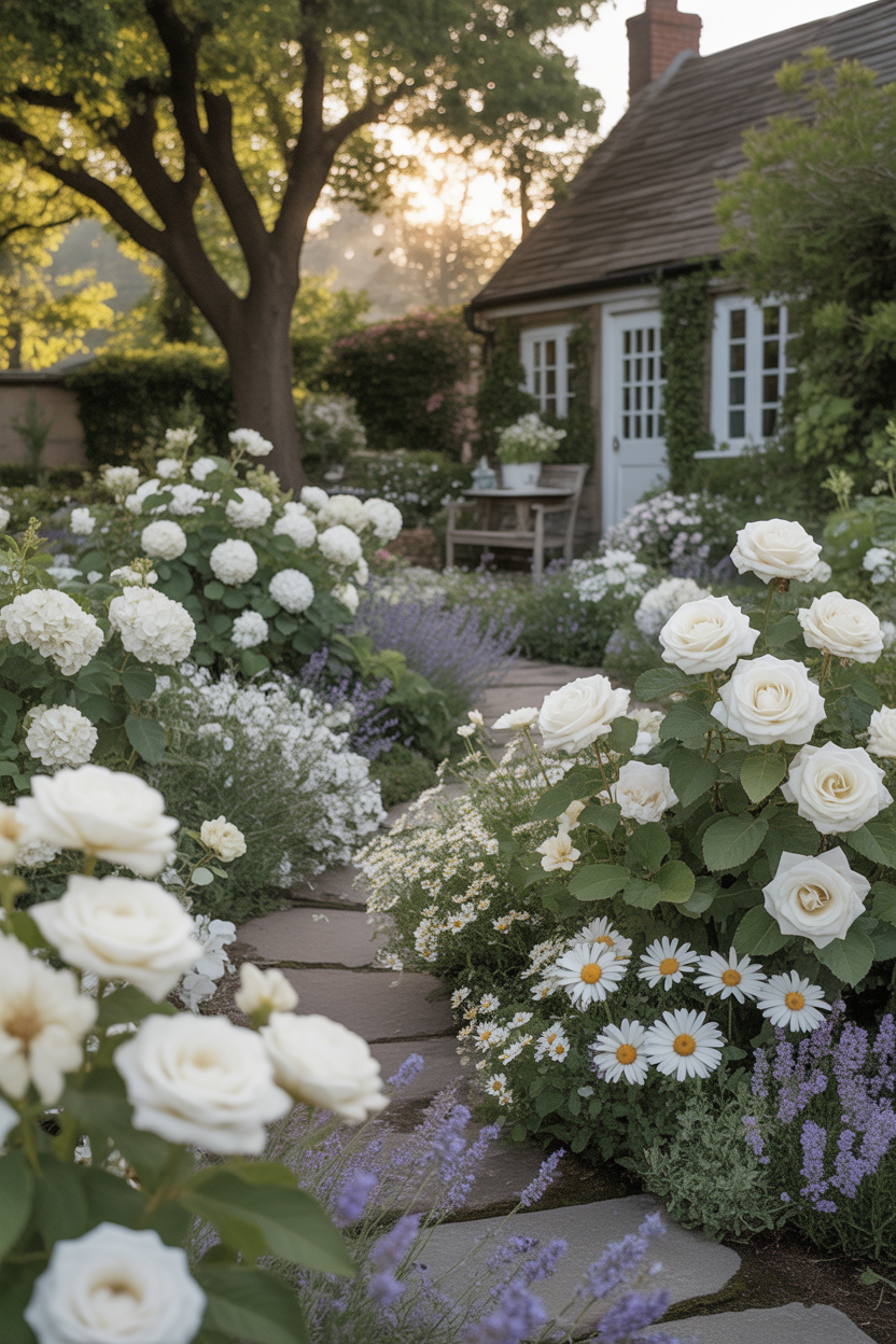 White cottage garden pathway with blooming flowers and romantic fairytale landscaping
