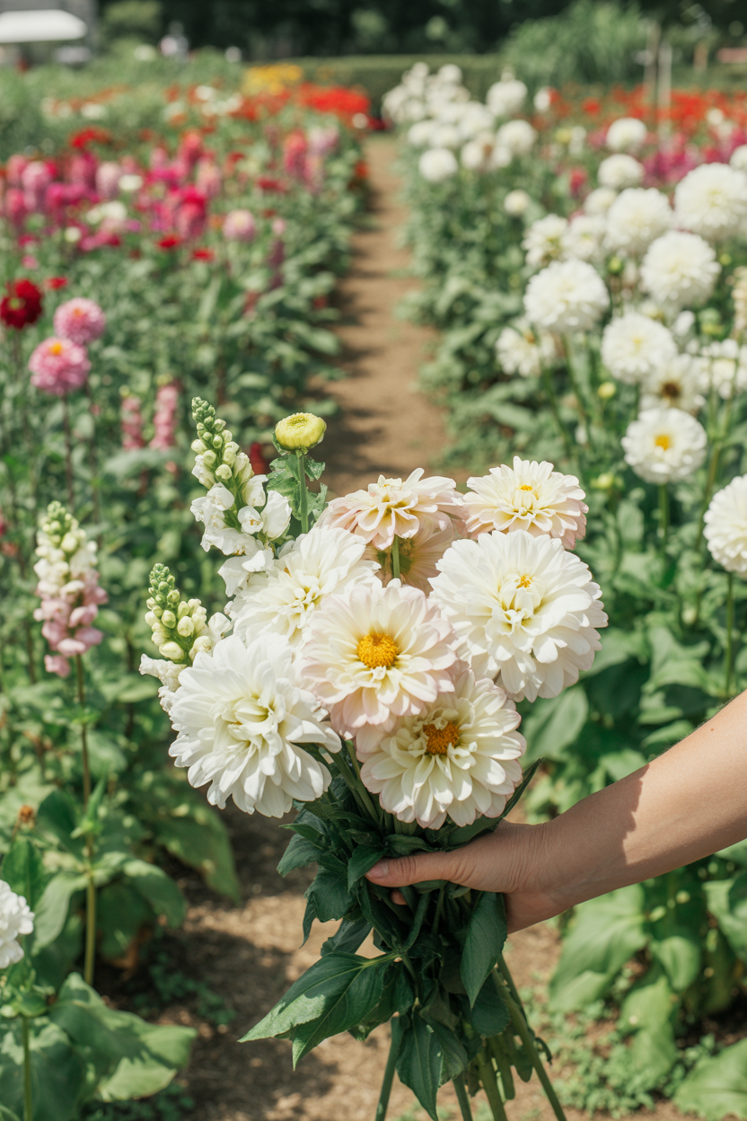 White cutting garden with dahlias and zinnias in full bloom with a freshly cut white flower bouquet