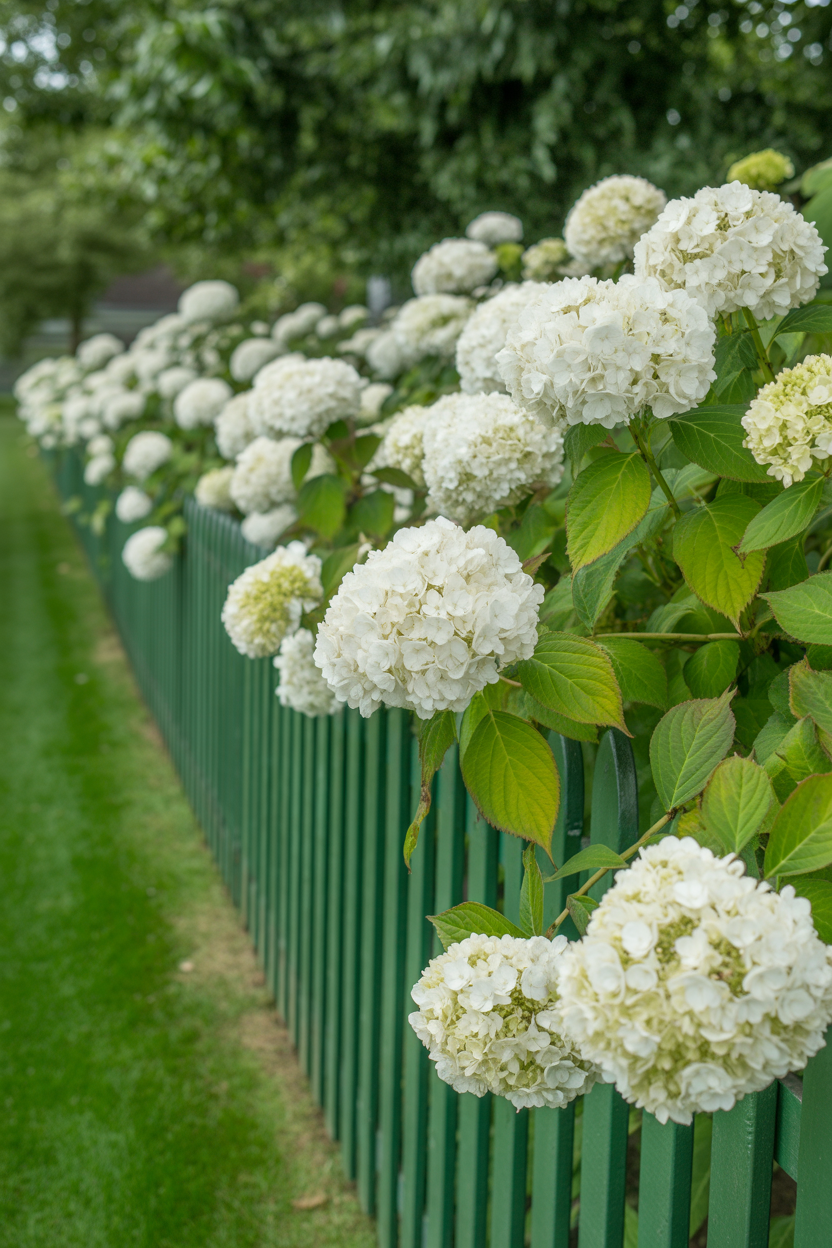 Row of blooming white Annabelle hydrangeas used as a garden hedge in a classic cottage yard