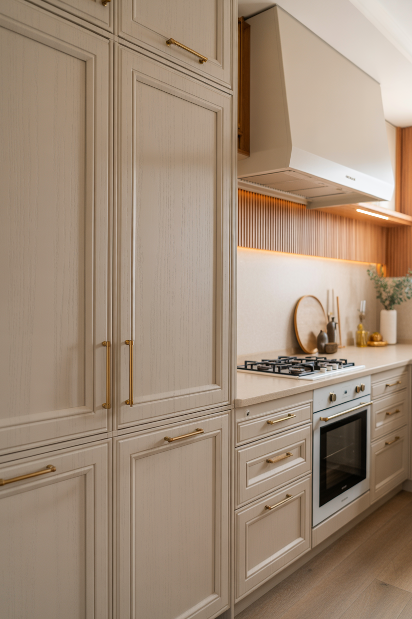 White oak cabinets with brushed brass hardware in a warm luxury kitchen