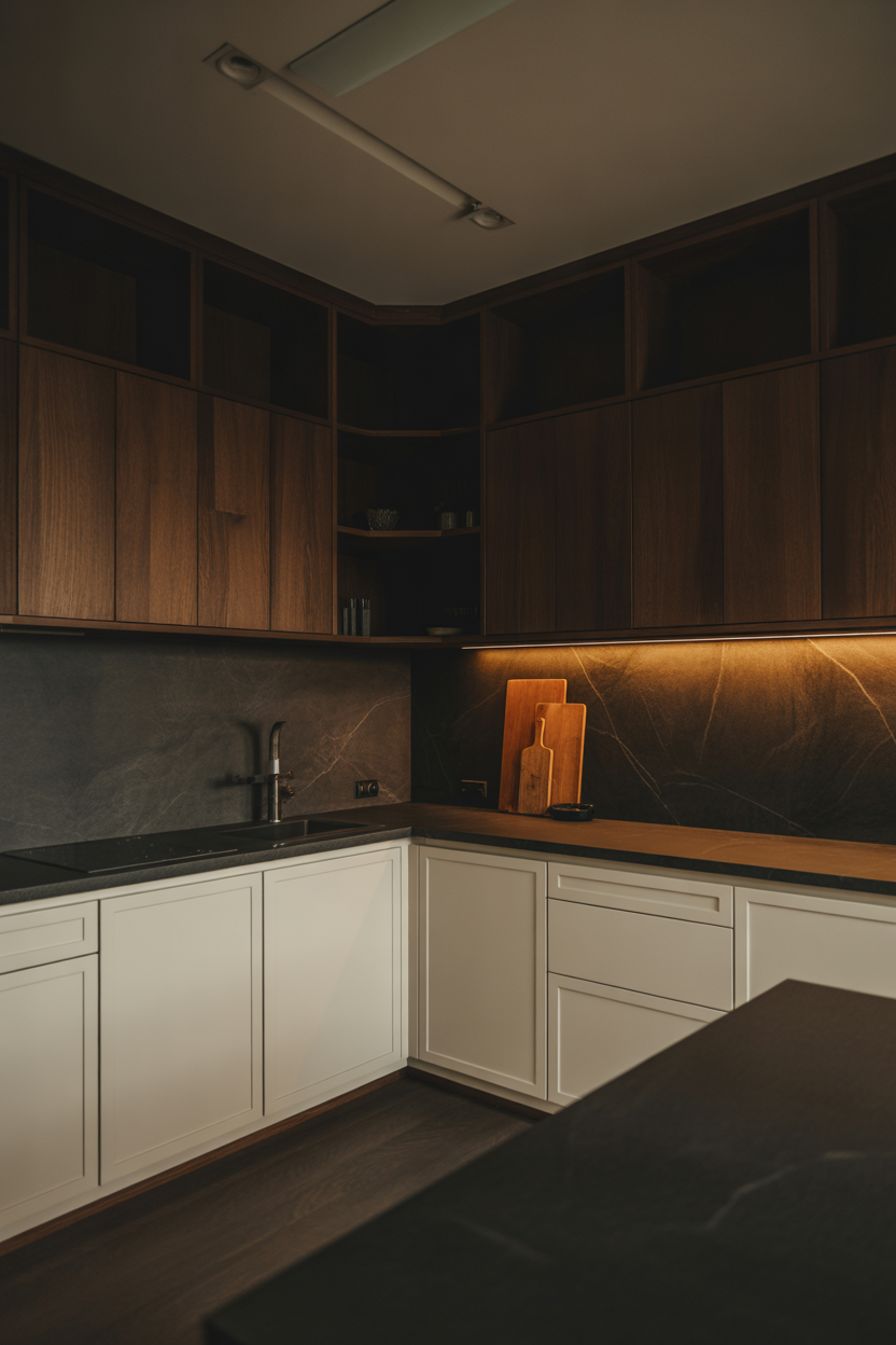 White oak kitchen cabinets with dark stone countertops creating modern contrast