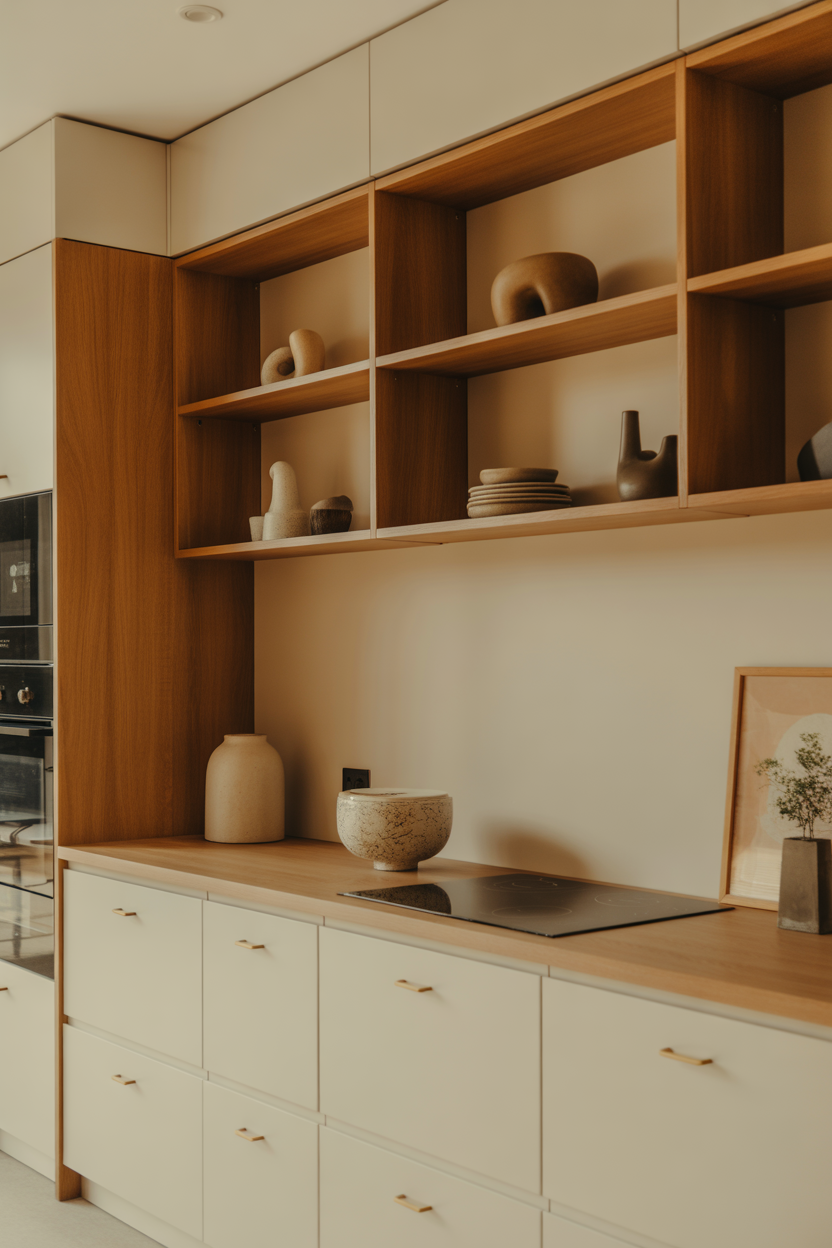 White oak kitchen cabinets with open shelving and minimal styled decor