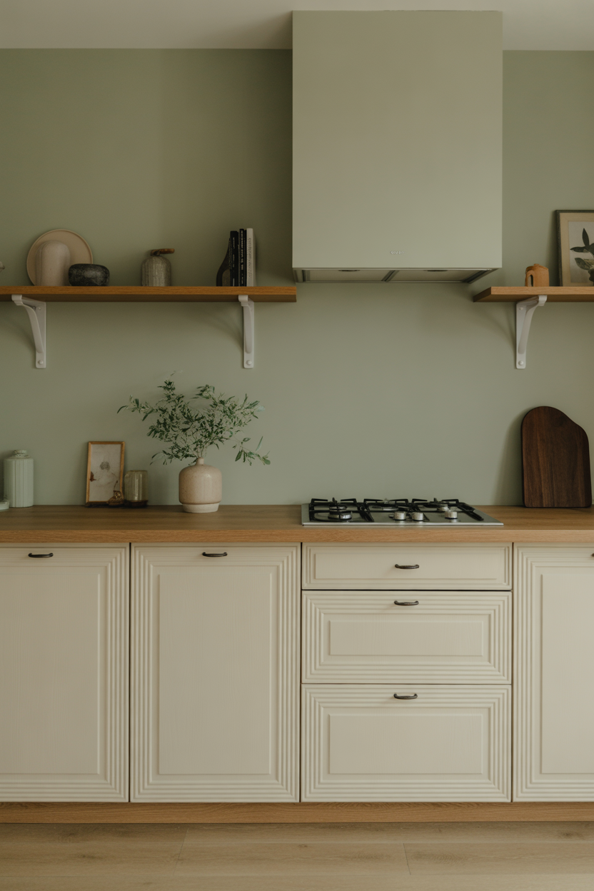 White oak kitchen cabinets paired with sage green walls in a calm modern interior
