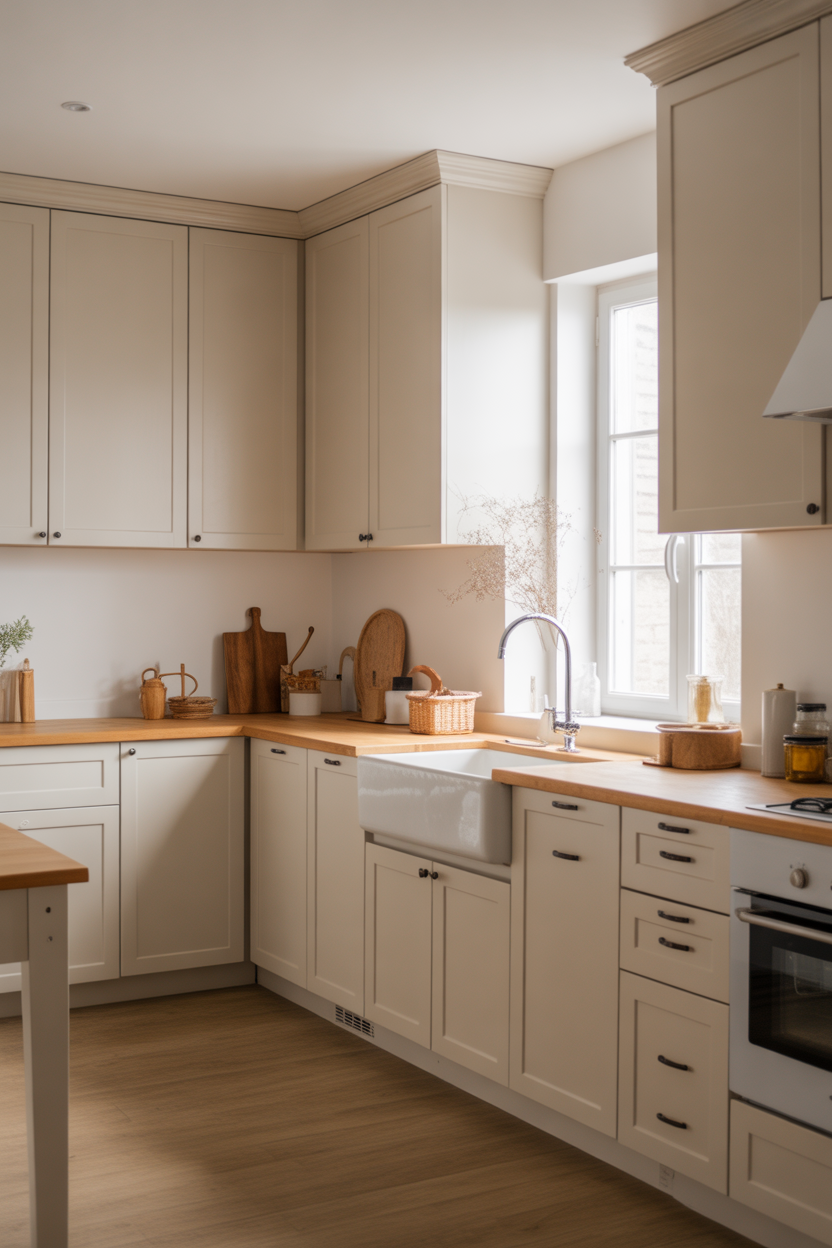 White oak shaker cabinets in a modern farmhouse kitchen with soft neutral tones