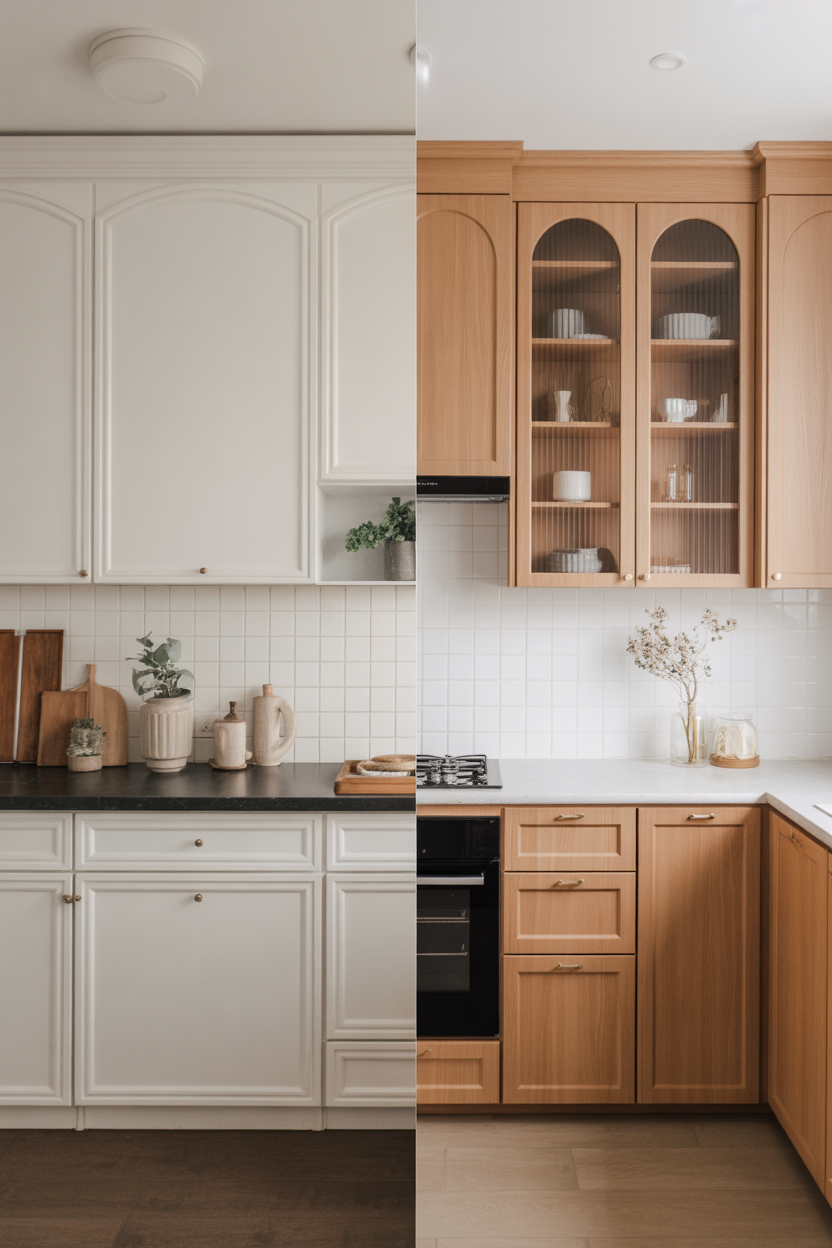 comparison of white oak and maple kitchen cabinets showing grain and finish differences
