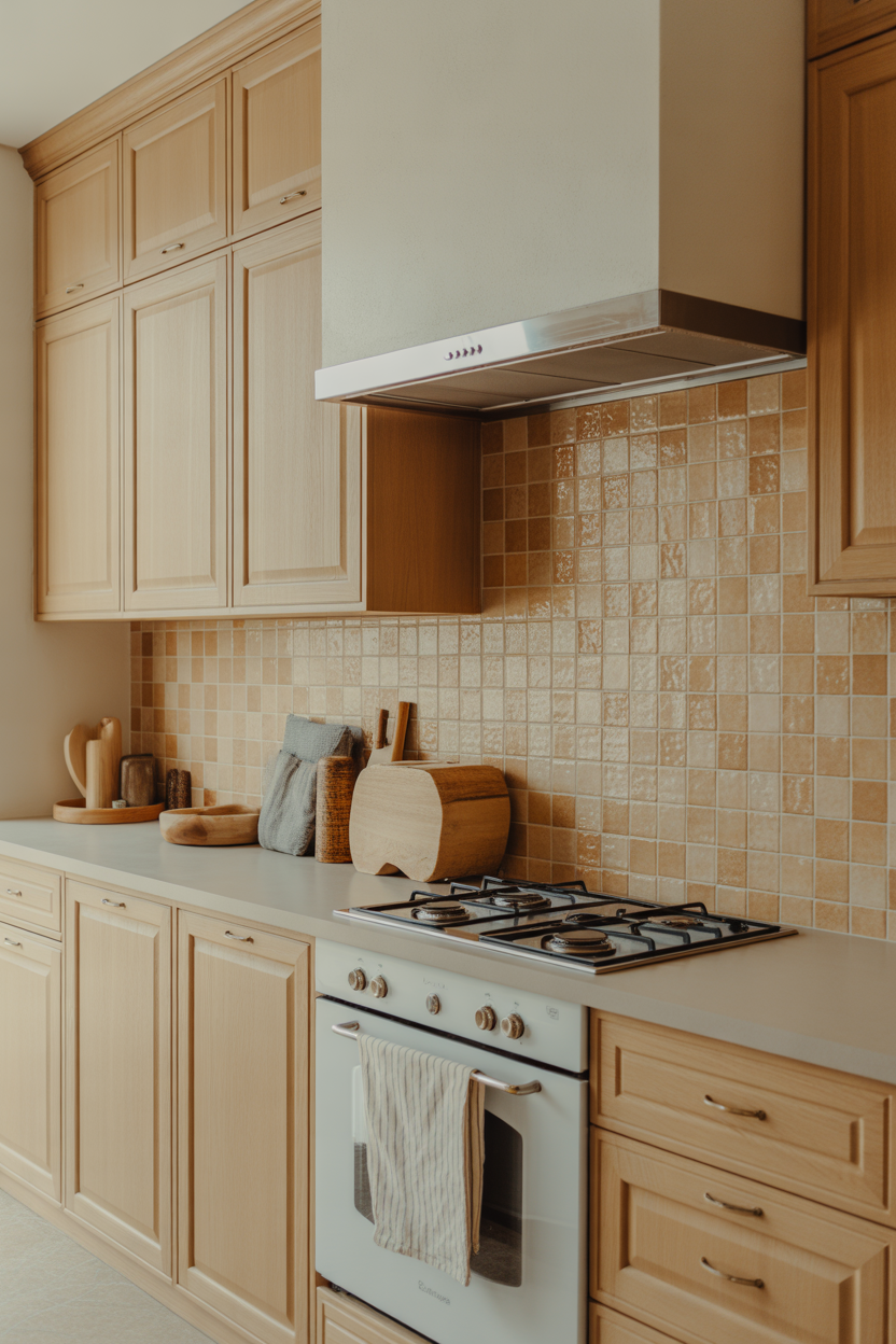 White oak cabinets with zellige tile backsplash in a warm textured kitchen design