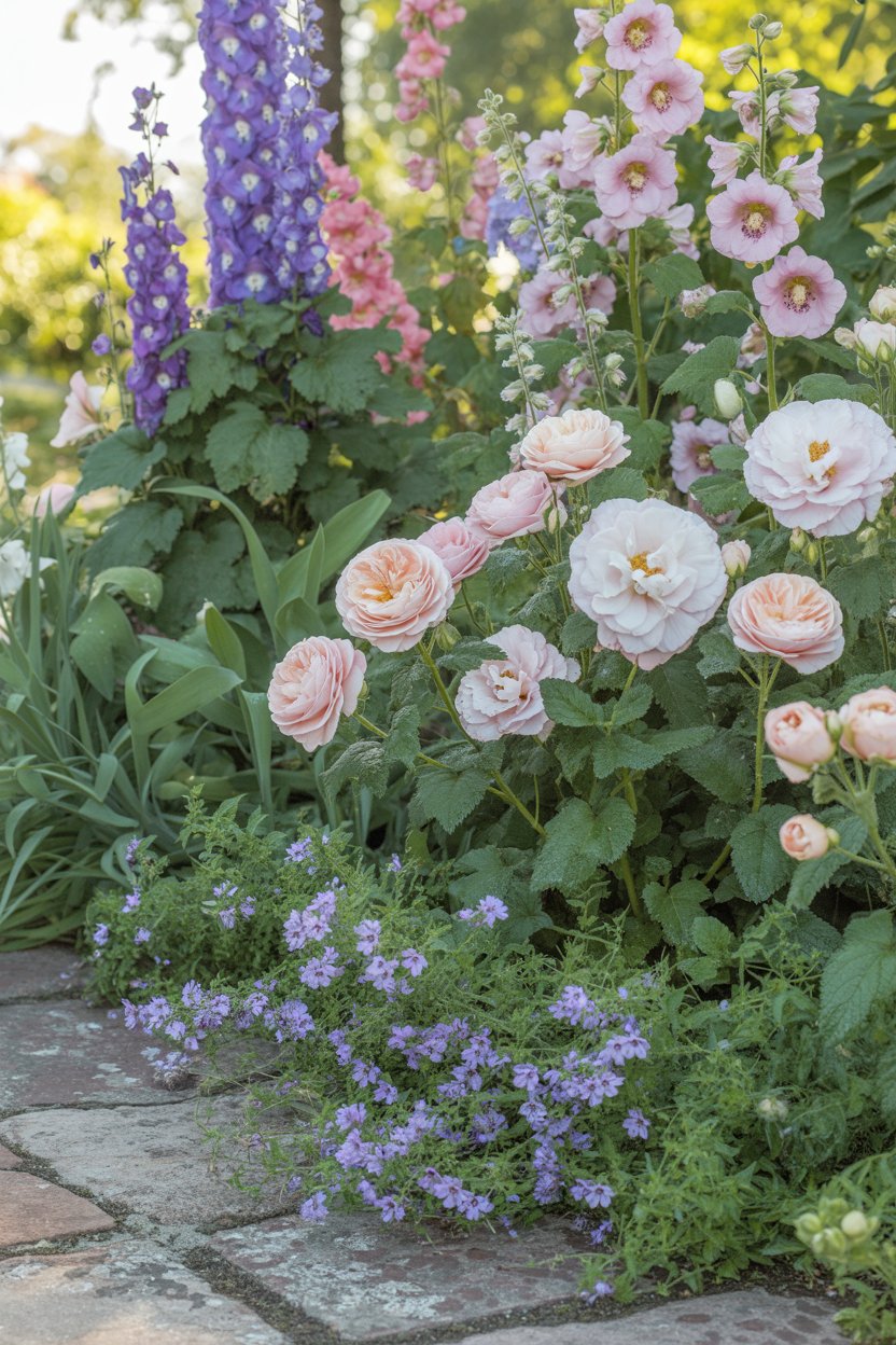 Romantic white and pastel cottage garden border with roses, foxgloves, and lavender in soft natural lighting