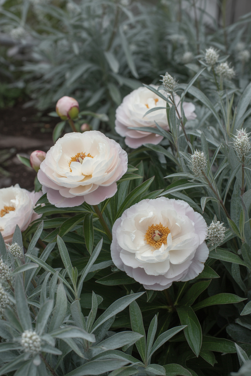 White peonies paired with silver lamb's ear foliage in a sophisticated cottage garden border