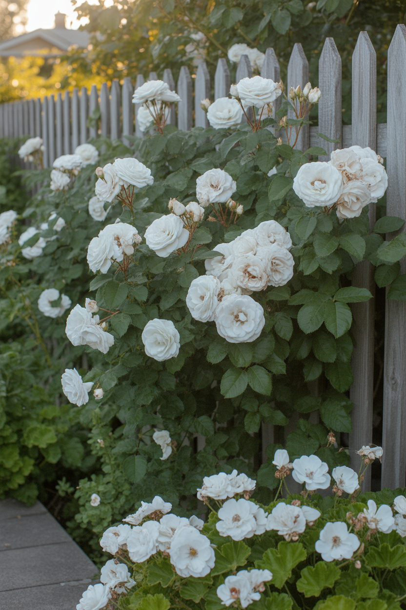White roses growing along a wooden fence in a romantic cottage garden with underplanted geraniums